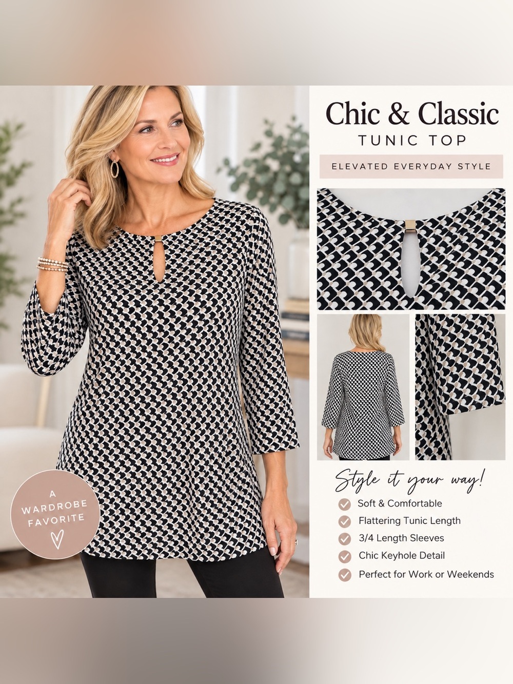 Chicos Black White Geometric Print Tunic Top Keyhole Neck 3/4 Bell Sleeve Blouse